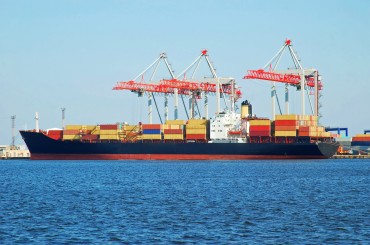 Container ship in a sea industrial freight port