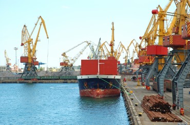 Container ship in a sea industrial freight port